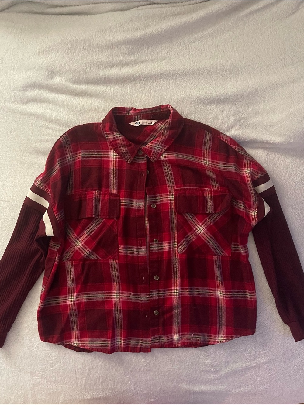 SO Red Plaid Button-Front Shirt with Contrasting Sleeves